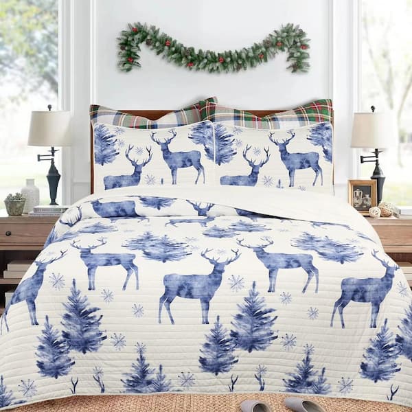 MarCielo 2596837 Christmas Blue Deer Snowflake King Size Polyester Quilt Bedspread Set