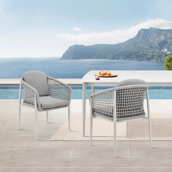 Armen Living Rhodes Light Gray Aluminum Outdoor Dining Chair with Light Gray Cushion (2-Pack)