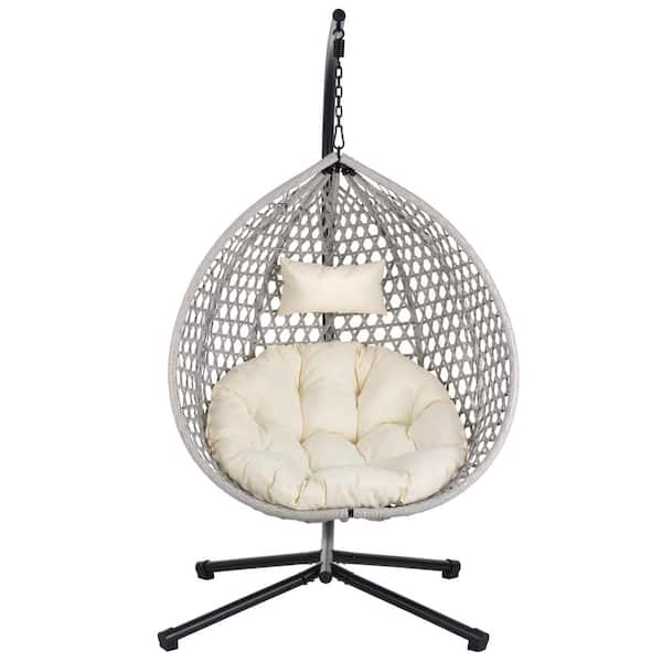 Black Metal and Gray Rattan Patio Swing with Beige Soft Removable Cushion