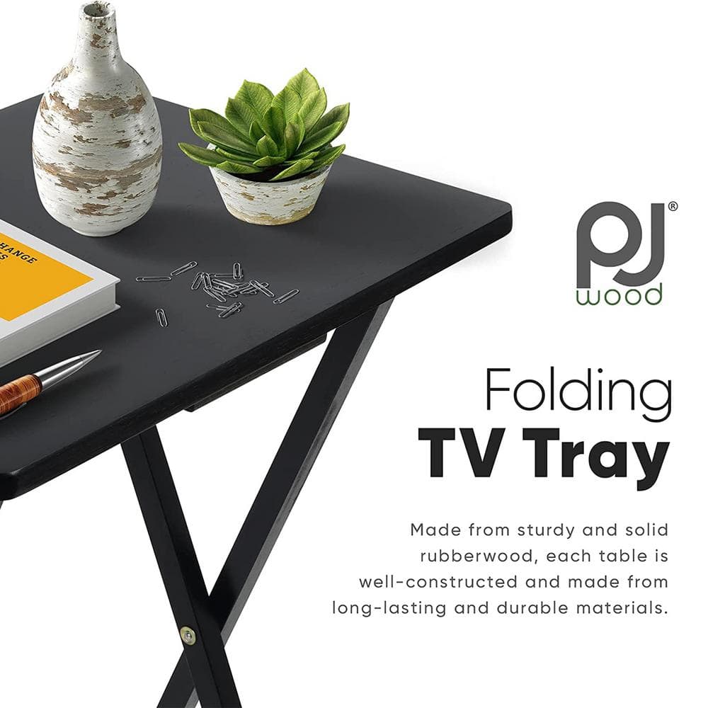 Black Solid Wood Folding TV Tray Tables Set with Storage Rack