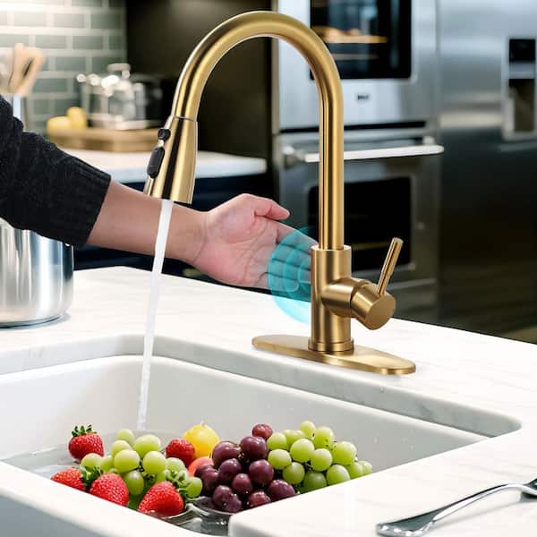 15.3 in. H Touchless Sensor 3-Functions Stainless Steel Single Handle Pull Down Sprayer Kitchen Faucet in Brushed Gold