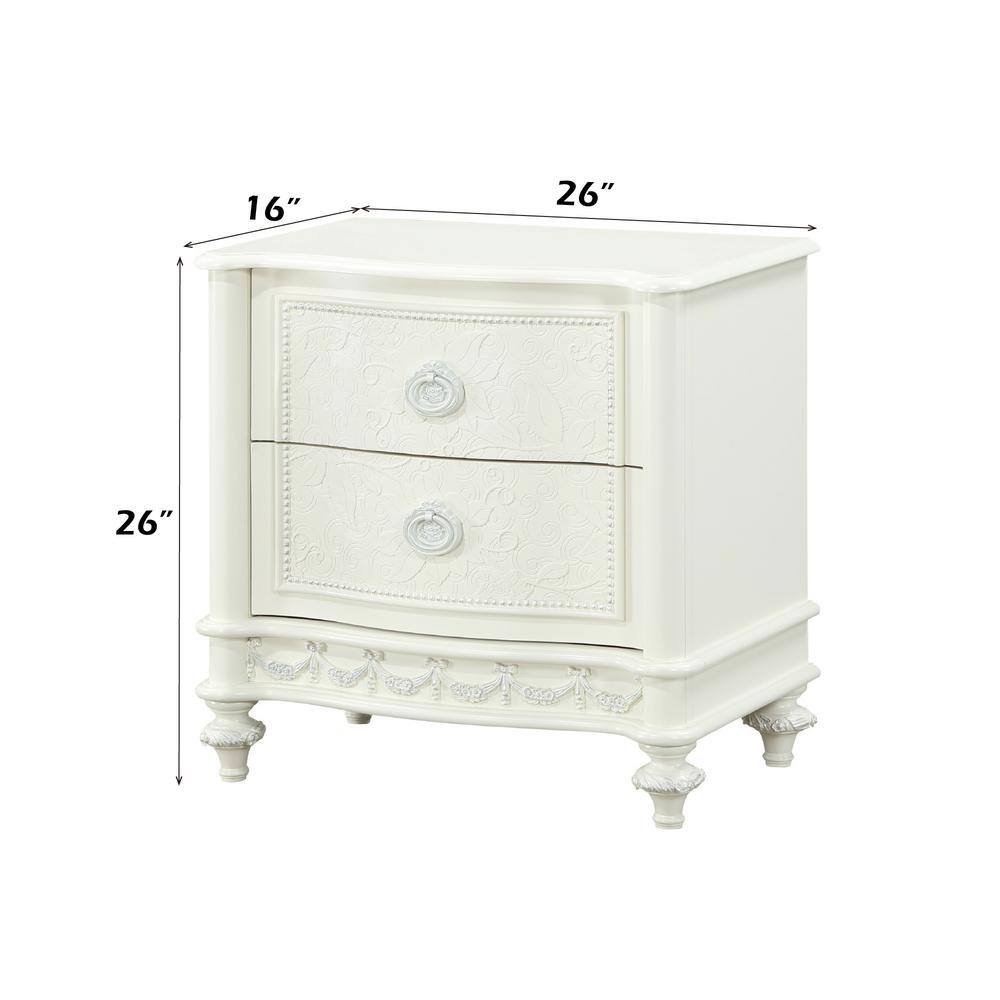 Ivory Pine Wood Nightstand with 2 Drawers and Floral Details