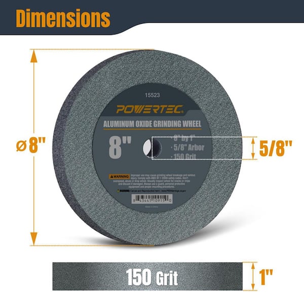 POWERTEC 8 in. x 1 in. 150-Grit 5/8 in. Arbor Aluminum Oxide