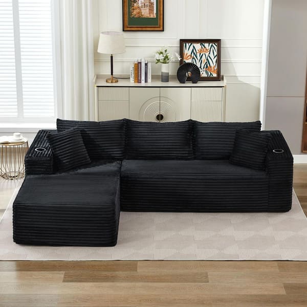 105 in. Square Arm Polyester L-Shaped Full Foam Modular Sectional Sofa In Black with Cupholders