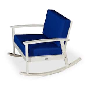 Driftwood Gray Finish Eucalyptus Wood Outdoor Rocking Chair with Navy Blue Cushion for Garden, Poolside, Backyard