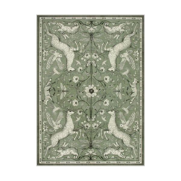 Modern Woodland Animal Deer Botanical Washable Non Slip Green 5 ft. x 7 ft. Living Room Bedroom Kids Room Area Rug