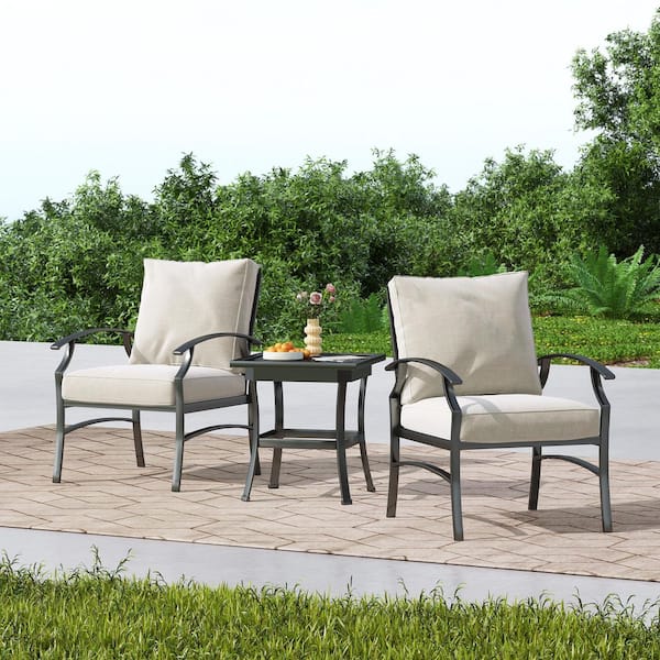 3-Piece Metal Outdoor Armchair Patio Conversation Set with Beige Cushions