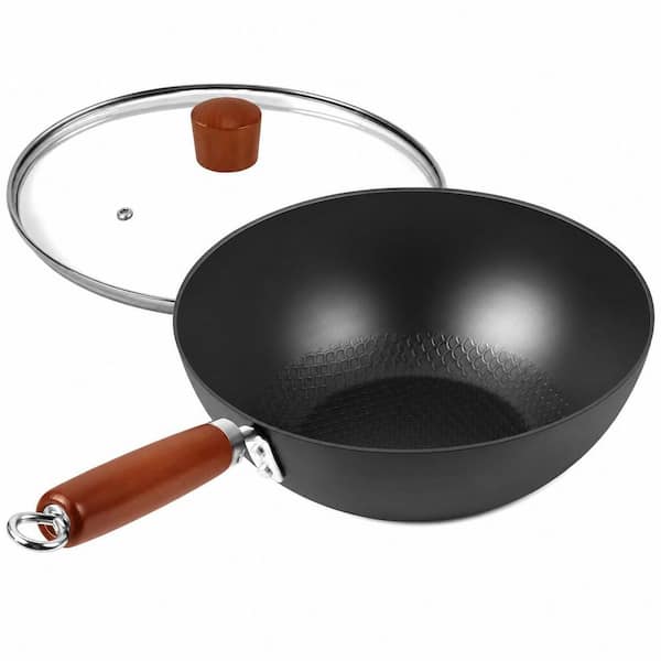 9.5-Inch Carbon Steel Wok Pan with Glass Lid, Flat Bottom, Fish-Scale Texture, Wooden Handle for 1-2 Servings