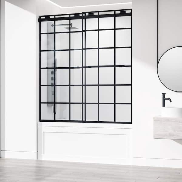 VIGO Houston 56 to 60 in. W x 66 in. H VMotion Sliding Frameless Tub Door in Matte Black with 3/8 in. (10mm) Clear Glass