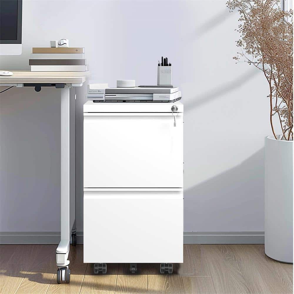White 26 in. H Metal Office Storage Cabinet Steel Mobile File Cabinet with Lock and 2 Drawers