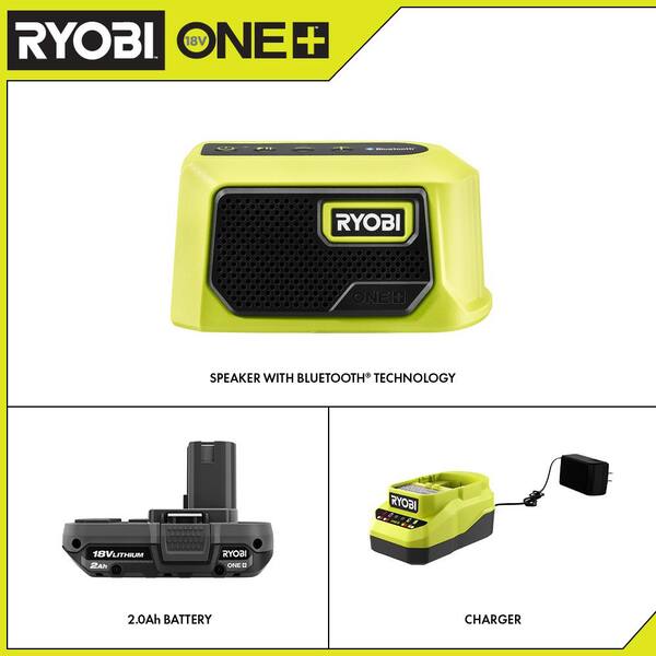 Ryobi ONE+ 18V Cordless Compact Bluetooth Speaker with 2.0 Ah Battery and Charger