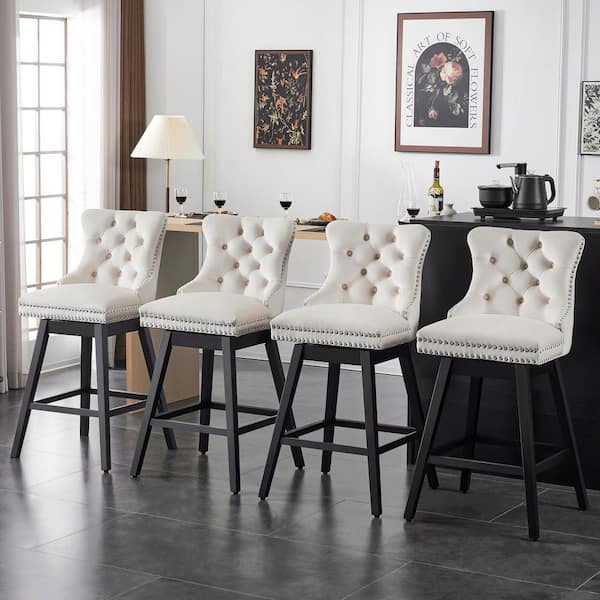 Hochwertiges 29 in. Beige Velvet Upholstered Solid Wood Frame Bar Height Swivel Bar Stool (Set of 4)