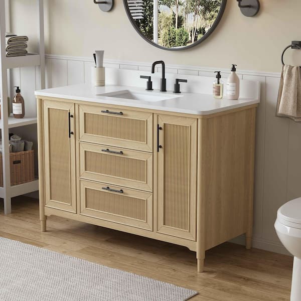 DELUXE DL LIVING Evie 49 in. Single Sink Freestanding Light Oak Bath Vanity with White Quartz Top and Backsplash Assembled