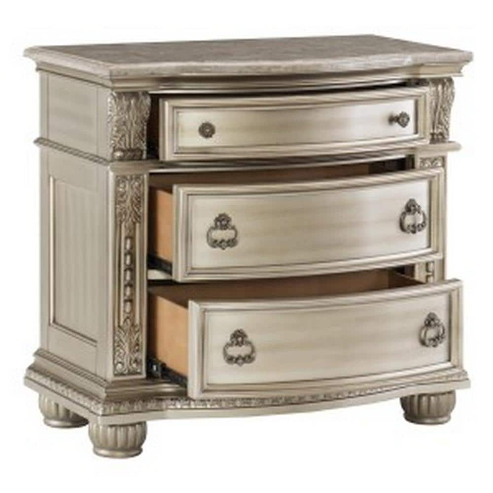 Caitlin Silver 35 Inch 3 Drawer Nightstand with Marble Top