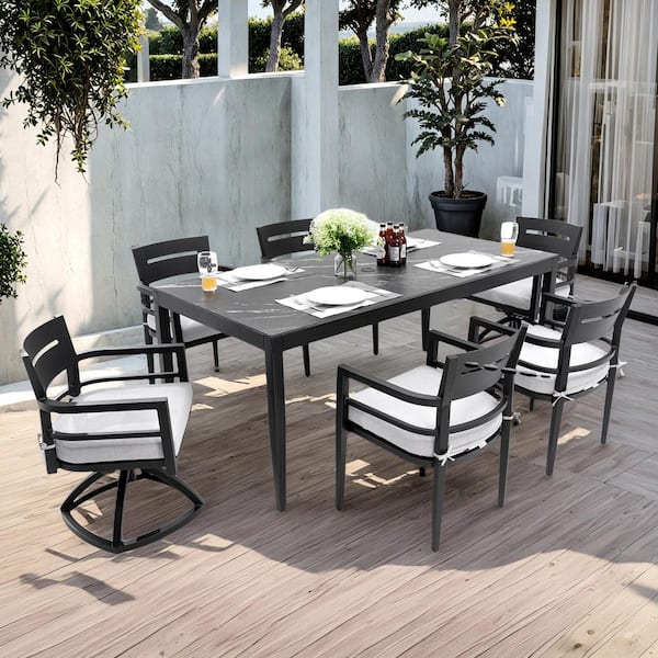 35.5 in.x71 in. 7PC Aluminum Outdoor Dining Set,Table, Black Marble-Look Stone Top, 4 Chairs, 2 Swivel RockersCushions
