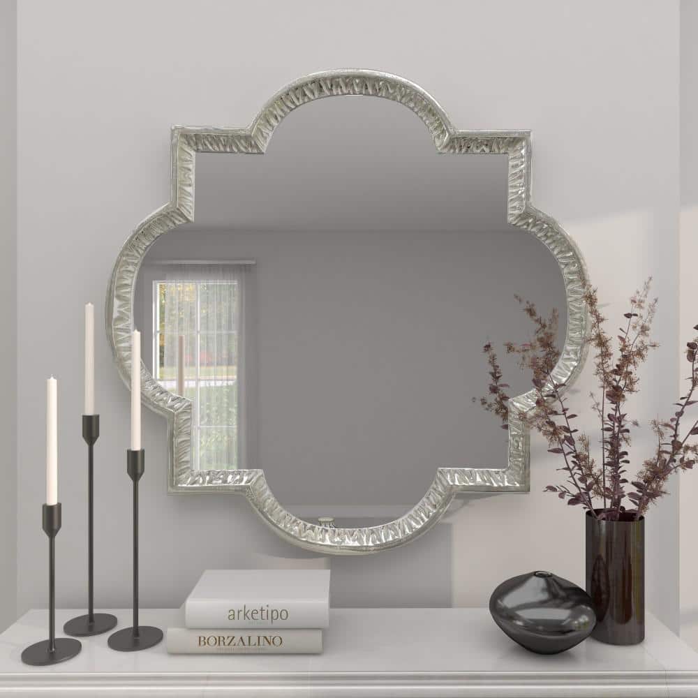 Elegant Silver Quatrefoil 40" Square Aluminum Wall Mirror