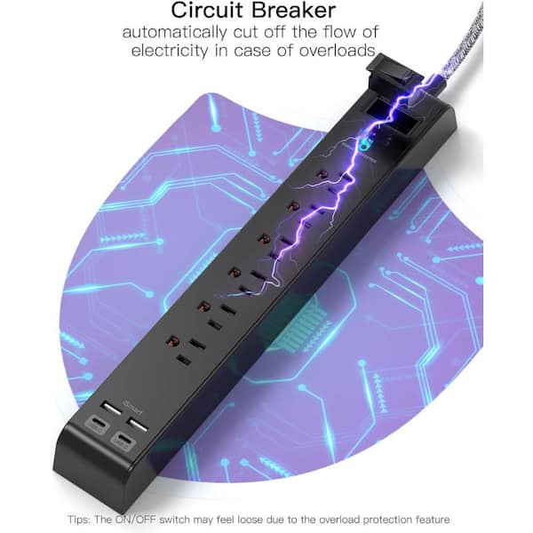 EKIEUDL - 6-Outlet Power Strip Surge Protector with 4 USB Port 5 ft. Extension Cord, Wall Mount in Black