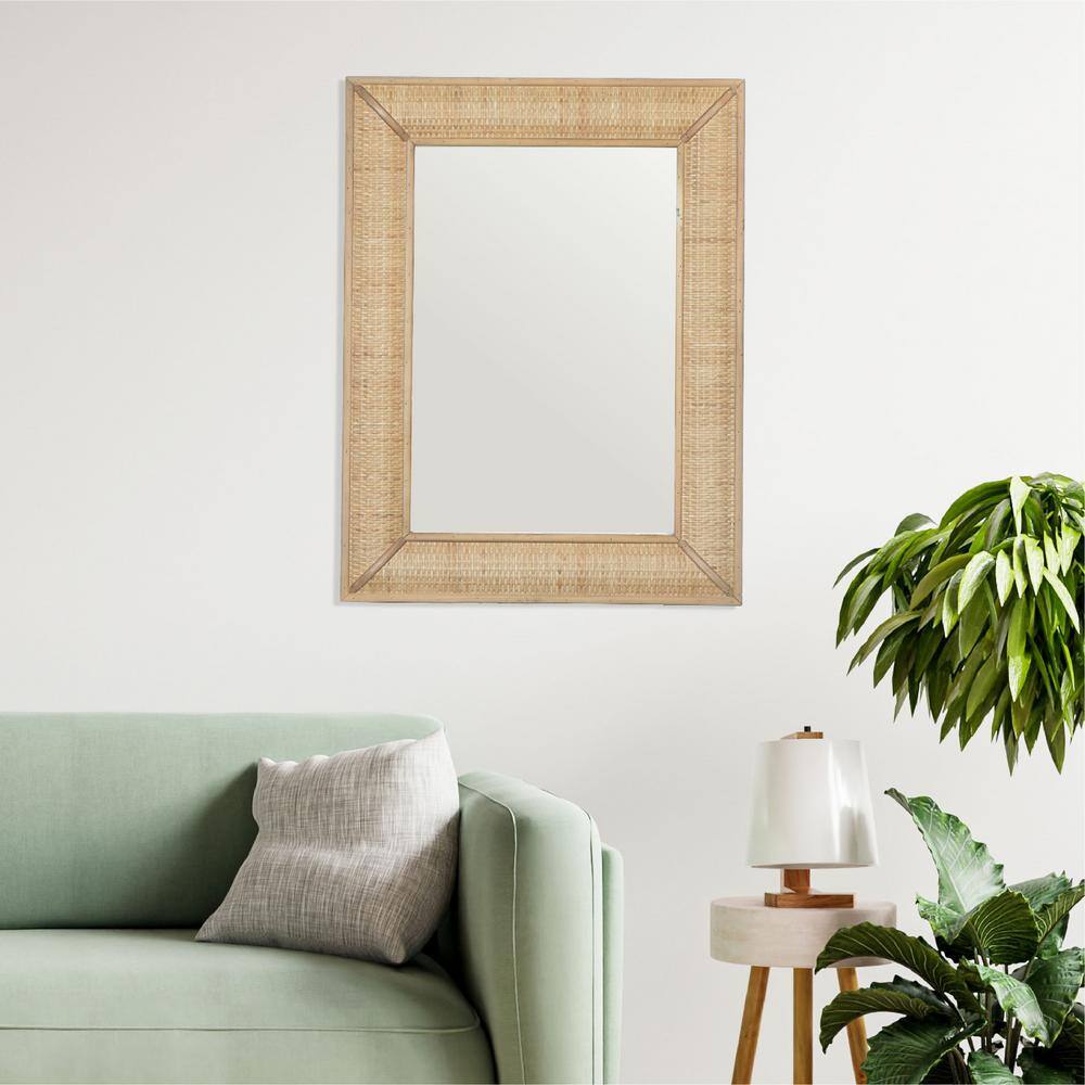 Bohemian Coastal Charm Wood and Rattan Rectangular Wall Mirror