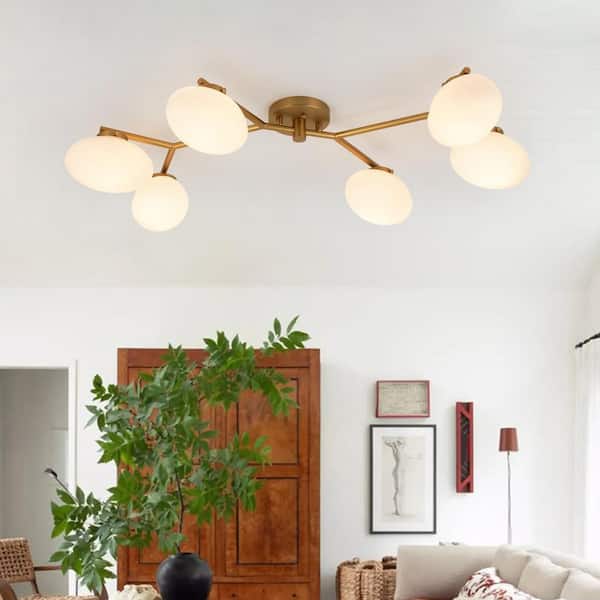 Ceder 6-Light 42.5 in. W Brushed Gold Semi-Flush Mount Branch Sputnik Ceiling Light with Oval Opal Glass for Kitchen