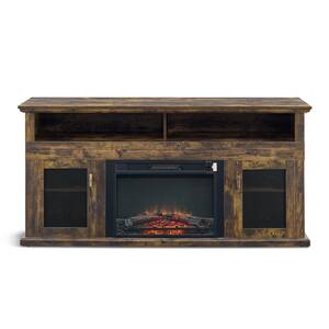 64.5 in. Rustic Brown MDF TV Console with Electric Fireplace and Storage Shelves Fits TV's up to 75 in.
