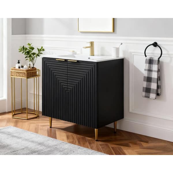 30 in. W x 18 in. D x 33 in. H Modern Bathroom Vanity in Black with White Ceramic Sink Top