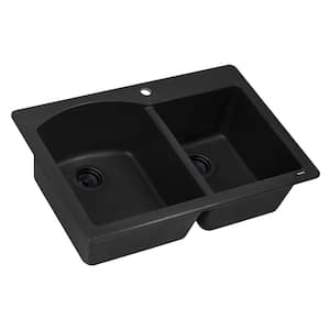 33 in. Midnight Black Double Bowl Dual-Mount Granite Composite Kitchen Sink
