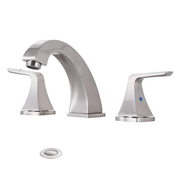 Lukvuzo 8 in. Widespread Double Handle Low Arc Bathroom Faucet with Pop Up Sink Drain in Brushed Nickel