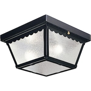 2-Light Matte Black Textured Glass Traditional Outdoor Ceiling Light