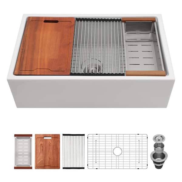 33 in. Farmhouse Workstation SInk Single Bowl Glossy White Fire Clay Kitchen Sink with Smooth or Striped Two-Sided