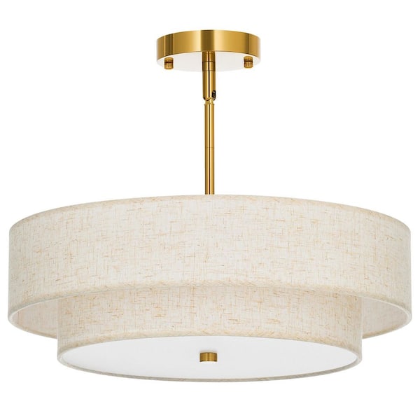 18 in. 4-Light Antique Brass Semi-Flush Mount Ceiling Light Fixture Drum Pendant Light with 2-Layer Fabric Shade