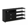 Three-quarter view of a black TV stand with fabric bins and open shelving.