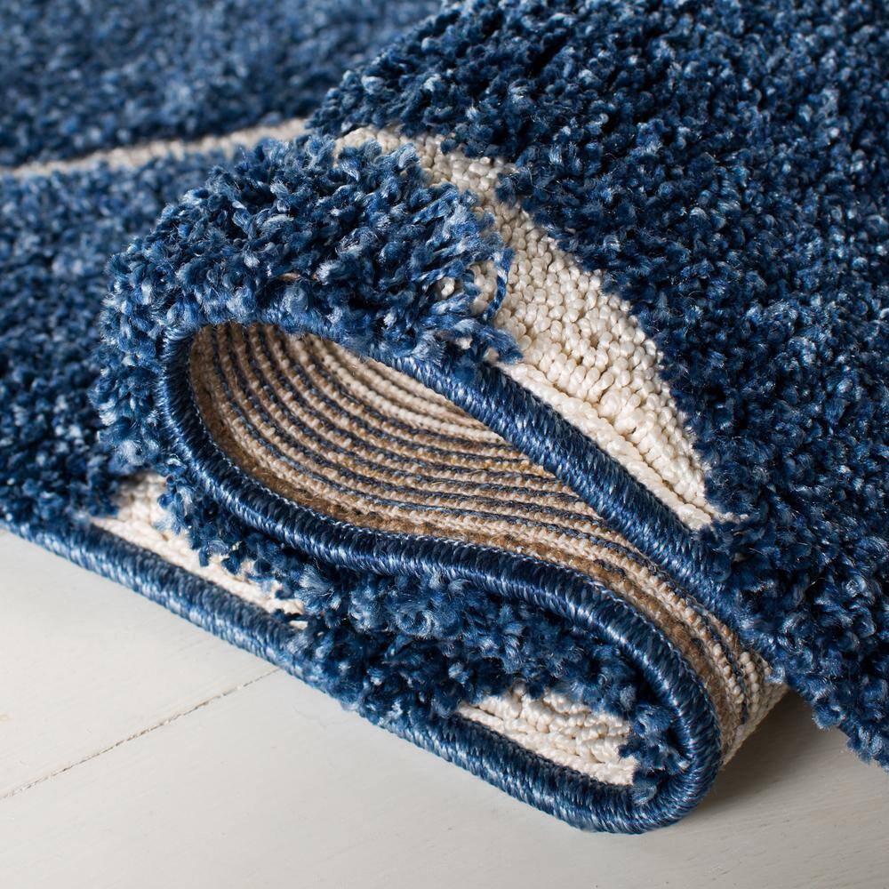 Elegant Dark Blue and Cream Square Synthetic Shag Rug 4' x 4'