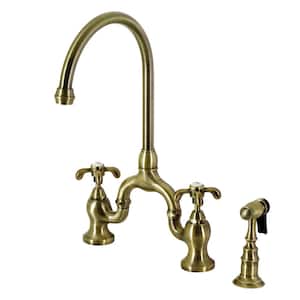 French Country Double-Handle Deck Mount Gooseneck Bridge Kitchen Faucet with Brass Sprayer in Antique Brass