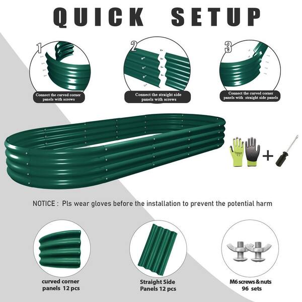 2-Pack 96 in. x 36 in. x 12 in. Green Oval Metal Raised Garden