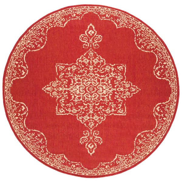 Beach House Red/Cream 7 ft. x 7 ft. Round Oriental Indoor/Outdoor Patio  Area Rug