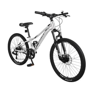 24 in. Wheels Mountain Bike Carbon steel Frame Disc Brakes Thumb Shifter Front fork Bicycles, Silver