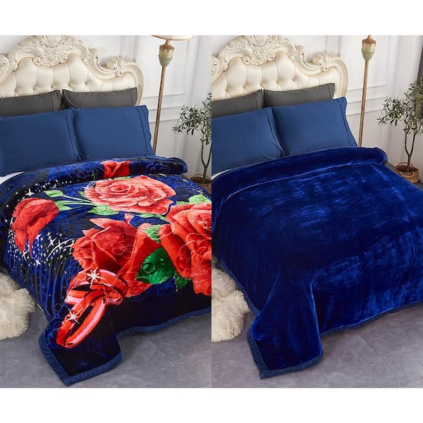 JML Navy 2-Ply 85 in. x 95 in. Reversible Polyester Silky Raschel Blanket, Wrinkle and Fade Resistant Bed Warm Blanket
