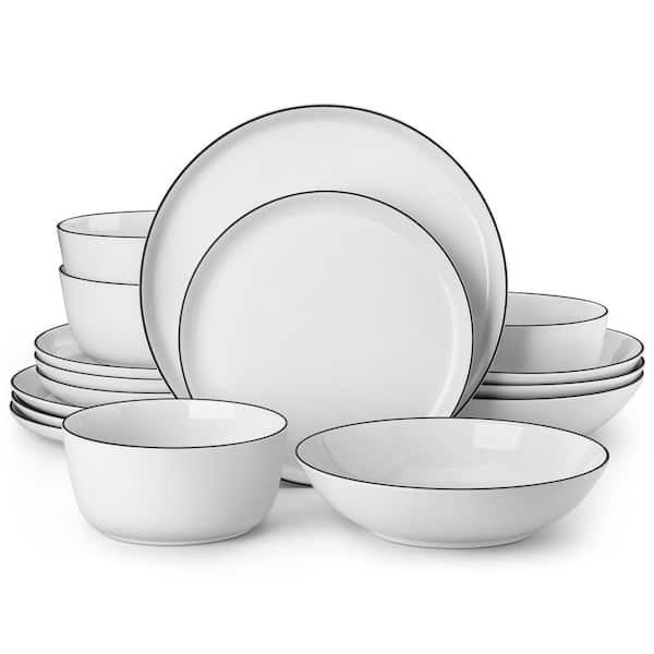 16-Piece White Black Rim Porcelain Dinnerware Set Service for 4 Tableware Bowls and Plates Set for Kitchen Dining