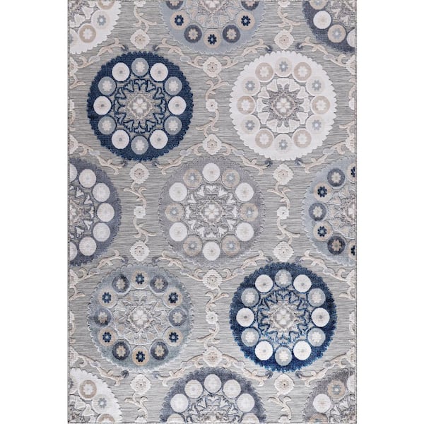 Benissimo Gray 6 ft. x 9 ft Floral Modern Polypropylene Indoor/Outdoor Area Rug