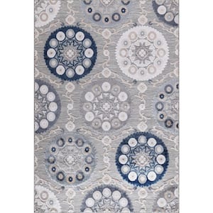 Bloom Blue/Gray 9 ft. x 12 ft. Bohemian Medallion Floral Indoor/Outdoor Area Rug