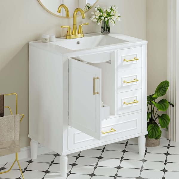 30 in. Single Sink White Bath Vanity with White Ceramic Top Requires Assembly