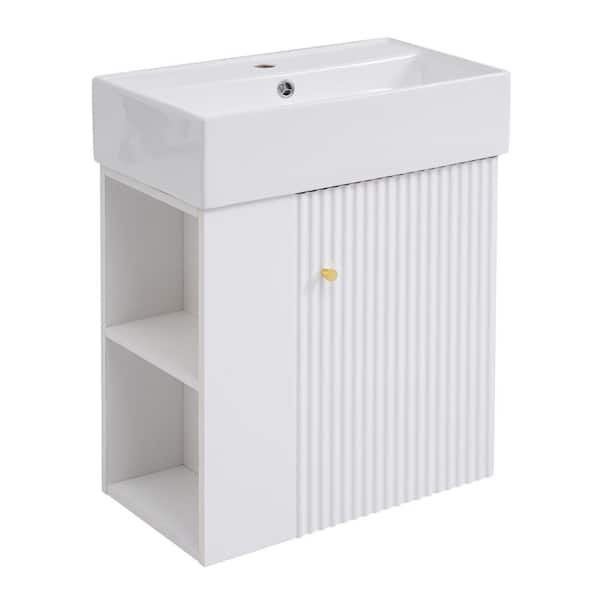 21.6 in. W. x 12.2 in. D x 26.4 in. H Single Floating Bathroom Vanity in White with White Ceramic Top Left Side Shelf