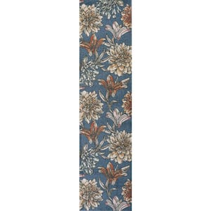 Giglio Modern Botanical Flower Blue/Orange/Cream 2 ft. x 8 ft. Runner Rug