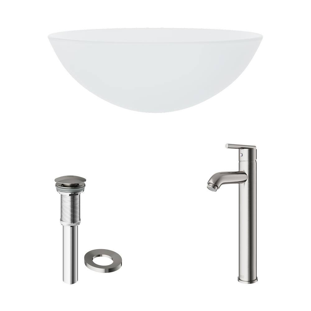Frosted White Round Glass Vessel Sink with Brushed Nickel Faucet