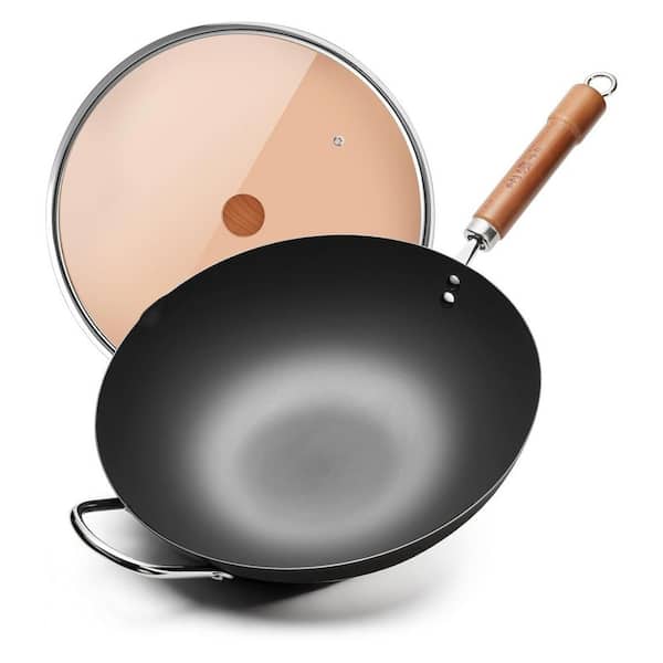 Large 12.6 in. Carbon Steel Induction Wok with Lid, Flat Bottom Wok Pan, Uncoated Stir Fry Pan with Wooden Handle