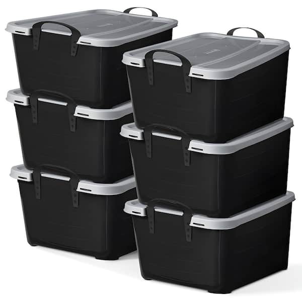 55 Qt Stackable Home Organization Lidded Storage Container in Black, (6 Pack)