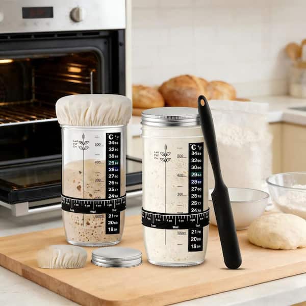 Glass Sourdough Starter Jar Set with Cloth Cover Aluminum Lid Thermometer Feeding Tracker for Home Baking