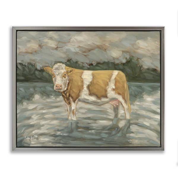 Stupell Industries Cattle Wading in Shore by Sara G. Designs Gray Floater Frame Animal Graphic Art Print 17 in. x 21 in.