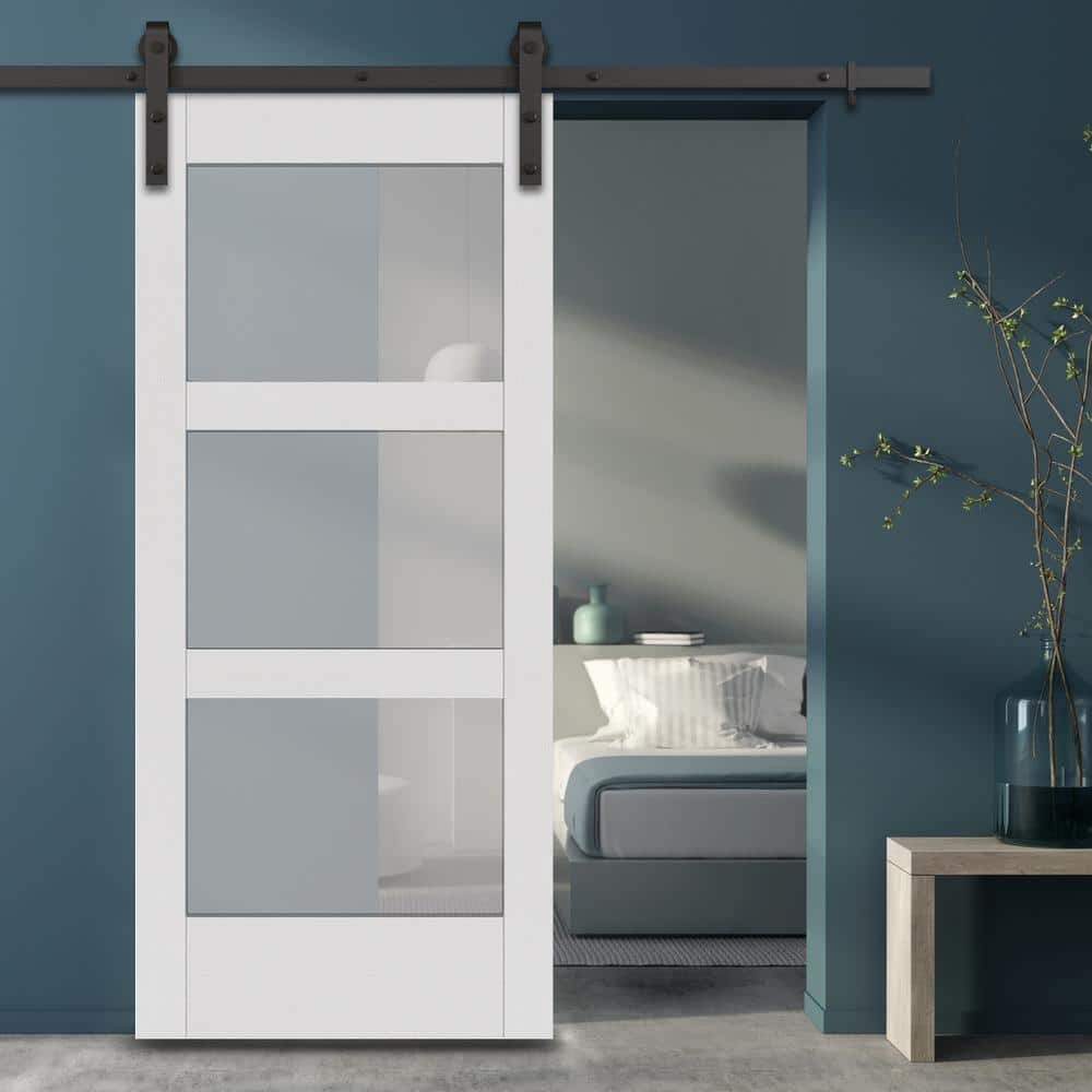 White Frosted Glass Paneled MDF Barn Door, 37'' x 84''