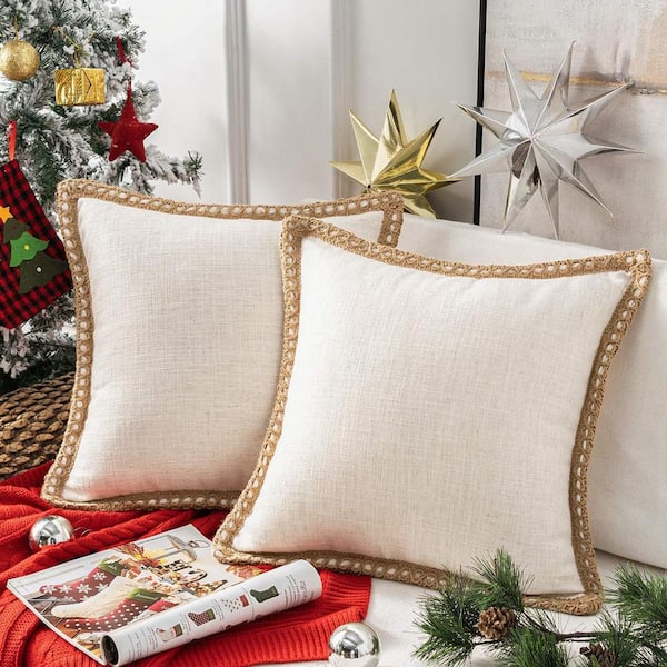 Unbranded Off White Pack of 2 Christmas Decorative Throw Pillow Polyester Cover,Burlap Linen Trimmed, 18 in. x 18 in.